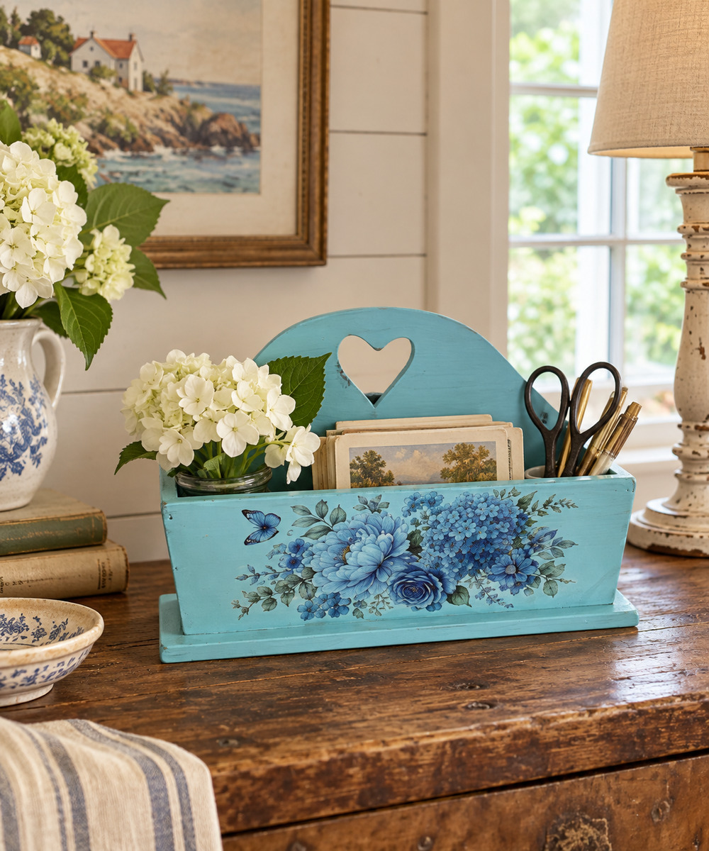 Vintage Folk Art Wood Farmhouse Caddy Tool Box Heart Cut Out Painted Signed 1993